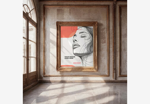 Vintage Frame Mockup: Captivating Room Scene with Light-Filled Window and Elegant Rustic Background