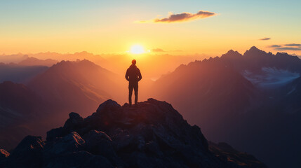 Explorer at the edge of a precipice, silhouetted against the pastel hues of a setting sun over distant peaks