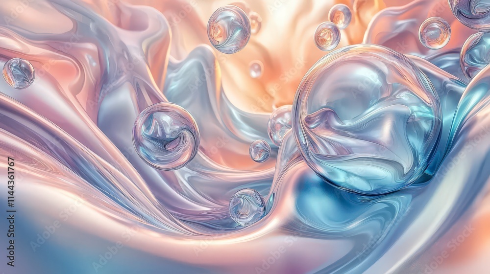 Poster Abstract digital art soft flowing bubbles create a calming visualization of inflation’s impact in a serene setting