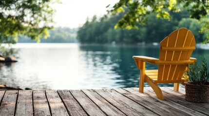 A comforting yellow chair faces a tranquil lake, offering a serene space amidst lush greenery, exuding peace and inviting quiet reflection by nature's calm waters.