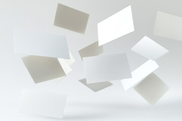 wo surreal white business cards floating in midair and isolated on a white background. 