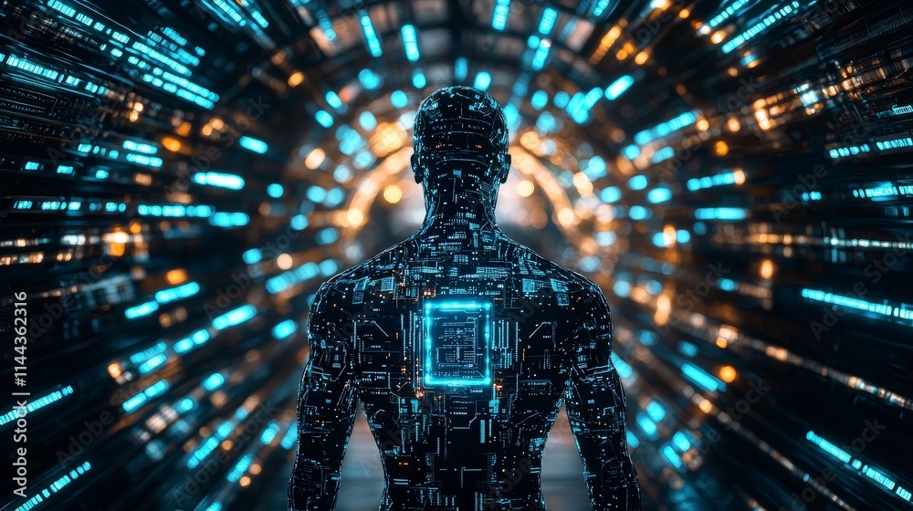 Poster Ai humanoid in dark sci-fi environment futuristic tunnel digital art high-tech immersive experience