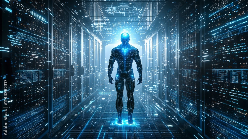 Poster cybernetic humanoid with blue core futuristic data center digital art sci-fi environment rear view t