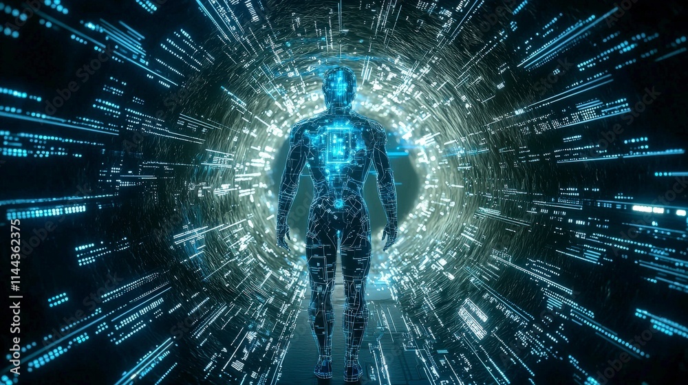 Aufkleber Futuristic ai humanoid emerges from digital space sci-fi scene virtual reality dark environment immersive perspective