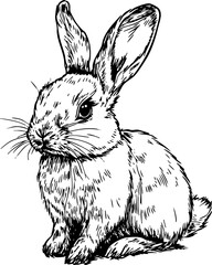 A detailed sketch of a rabbit sitting, showcasing its large ears and fluffy fur, ideal for nature-themed designs.