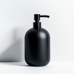 Fototapeta premium Black soap dispenser on white background, modern and minimalistic design.