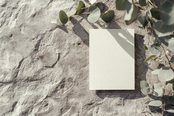 Wedding stationery invitation card mockup 5x7 on neutral grey stone background with eucalyptus leaves, natural lighting, bridal shower mockup Minimal blank card mockup, thank you card, greeting card 