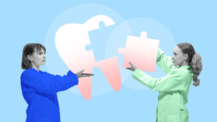 Poster. Contemporary art collage. Two doctors assembling puzzle tooth, symbolizing teamwork and problem-solving in dental treatment under insurance. Concept of health insurance, dentist, medicine. Ad