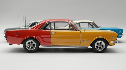 A collection of classic model cars in vibrant colors displayed side by side.