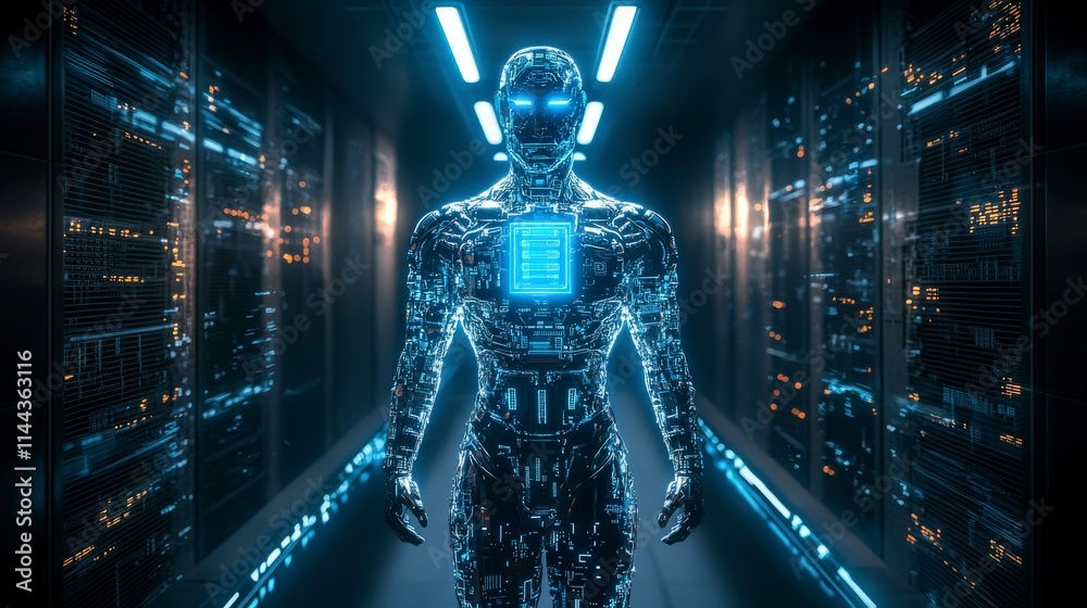 Poster Futuristic humanoid robot technology lab digital art cyber environment front view advanced robotics concept