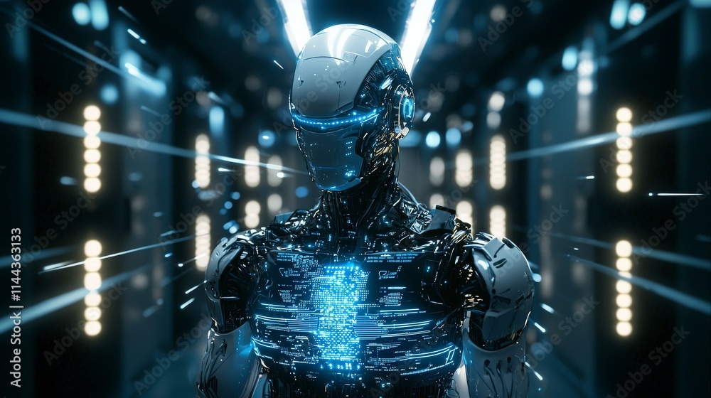 Poster Futuristic humanoid robot unveils advanced ai technology futuristic lab digital art sci-fi environment close-up view