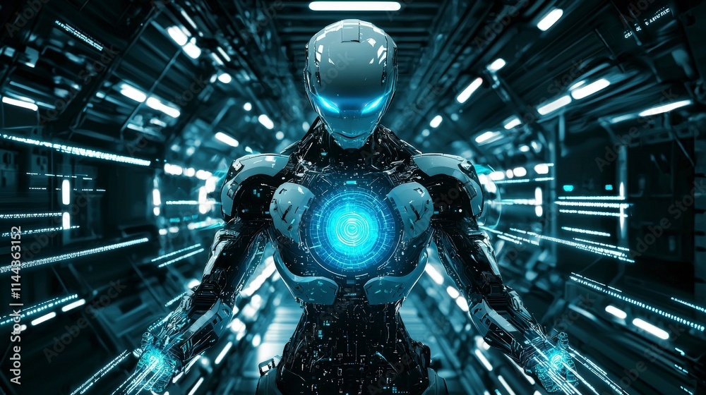 Fototapete Futuristic humanoid robot with glowing blue core in high-tech lab digital art sci-fi environment close-up view