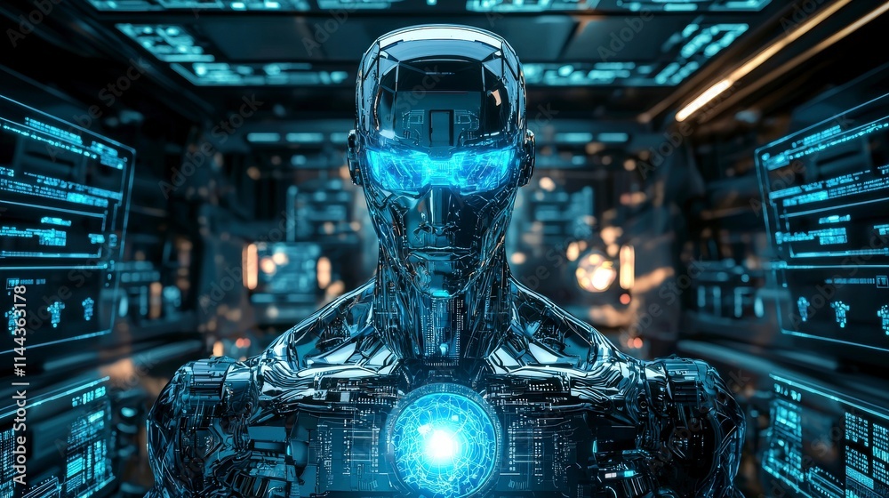 Poster Advanced blue neural core robot futuristic laboratory digital art sci-fi environment close-up view technological innovation