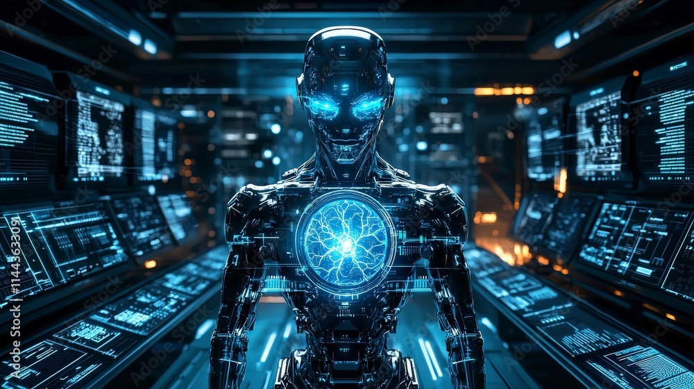 Poster Advanced robot with glowing neural core operates in high-tech lab futuristic environment close-up view technology concept
