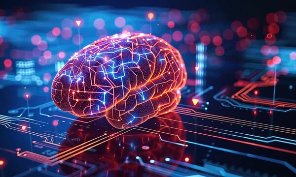 Digital technology background and glowing cyber cyborg brain on computer electronic chip