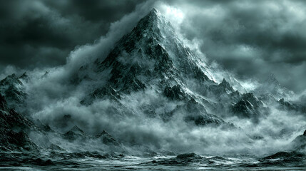 Dramatic, misty mountain peak shrouded in dark clouds.