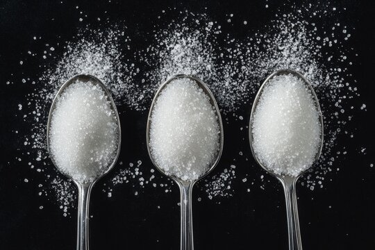 Three teaspoons of granulated sugar on black background