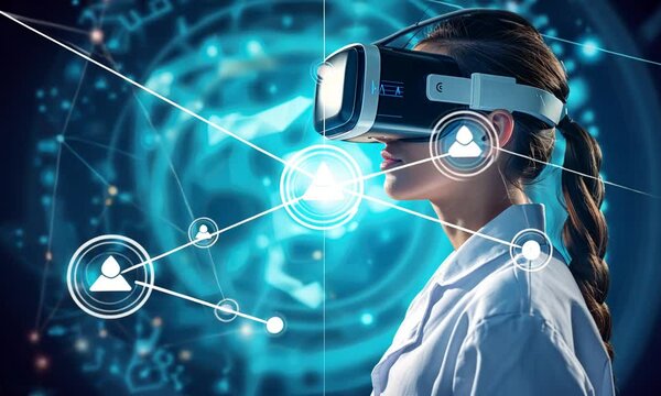 Young female scientist wearing VR glasses interacting with light blue digital science glowing overlay - Powered by Adobe