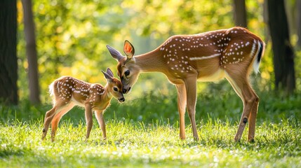 A mother deer and her fawn grazing in a serene field surrounded by trees