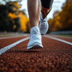 Athlete Running on Track at Sunset Close-Up