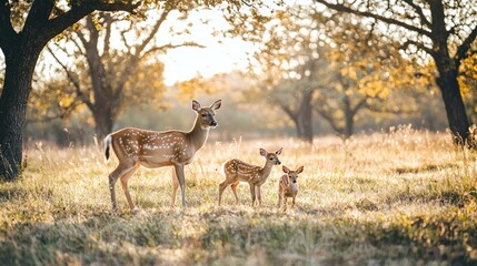A mother deer and her fawn grazing in a serene field surrounded by trees