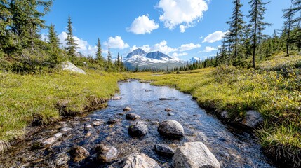 Obraz premium Mountain stream flowing through alpine meadow.