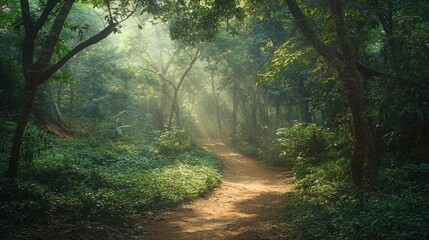 A narrow dirt trail winding through a dense forest with sunlight filtering through the trees