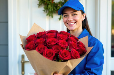 Smiling girl courier with a bouquet of red roses against the background of the front door. Flower delivery service. Romantic gifts concept