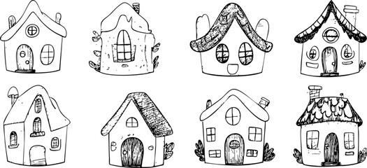 A collection of charming hand-drawn houses in a whimsical style, perfect for illustrating community or home themes.