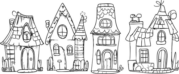 A whimsical illustration of various charming houses, showcasing unique designs and hand-drawn details in a playful style.