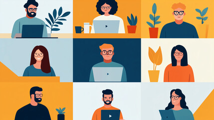 Remote Work Video Call with International Team, Flat Design Illustration