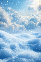 Obraz premium Serene Winter Landscape with Soft Snowflakes Falling Gently Over a Dreamy White Snow-Covered Horizon Under a Beautiful Blue Sky with Fluffy Clouds