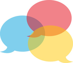 Overlapping speech bubbles in red, blue, yellow, and orange, creating a colorful and dynamic communication concept, ideal for dialogue, discussion, or social interaction designs.
