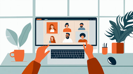 Remote Work Video Call with International Team, Flat Design Illustration
