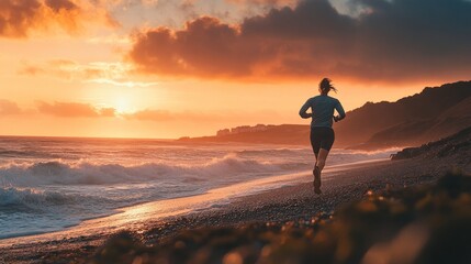 Woman jogging on beach during sunset with vibrant sky and ocean waves