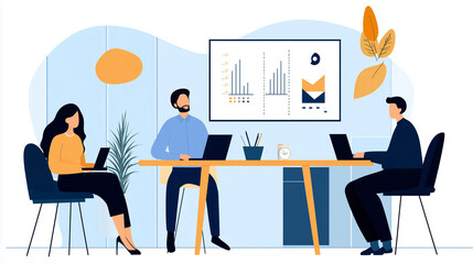 Sales Team Reviewing Quarterly Performance, Flat Design Illustration