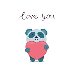 Cute panda holding a heart in his paws, Valentine's Day greeting.