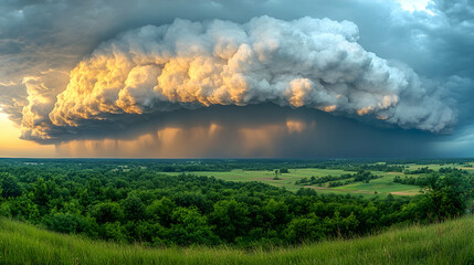 Dramatic sunset storm clouds over green landscape.