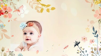 Beautiful baby photo album showcasing adorable infants and children in a floral design setting. Generative AI