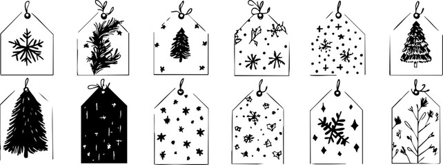 Fototapeta premium A collection of black and white holiday gift tags featuring Christmas trees, snowflakes, and stars, perfect for seasonal decorations.