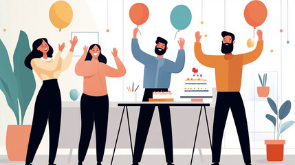 Startup Team Celebrating First Milestone, Flat Design Illustration