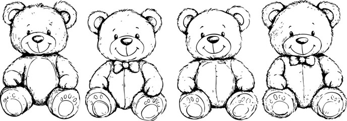 A charming illustration of four cute teddy bears, perfect for children's themes, gifts, or nursery decor.