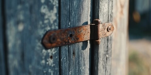 Rusty Metal Hinge Attached to a Weathered and Timeworn Wooden Door in an Abandoned Setting