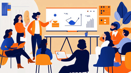 Startup Team Pitching to Investors, Flat Design Illustration