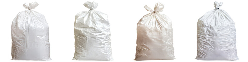 Obraz premium Four white bags tied at the top, varying in size and fullness.