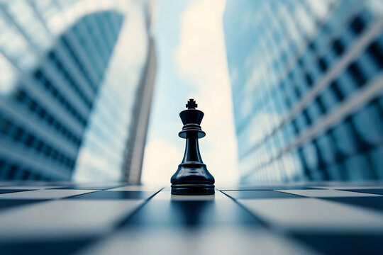 A black chess king stands on a board, surrounded by modern skyscrapers, symbolizing strategy and power in an urban environment.