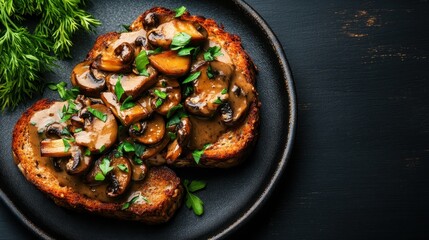 A savory dish of mushroom toast topped with rich gravy and fresh herbs, elegantly presented on a black plate, evoking warmth and comfort.