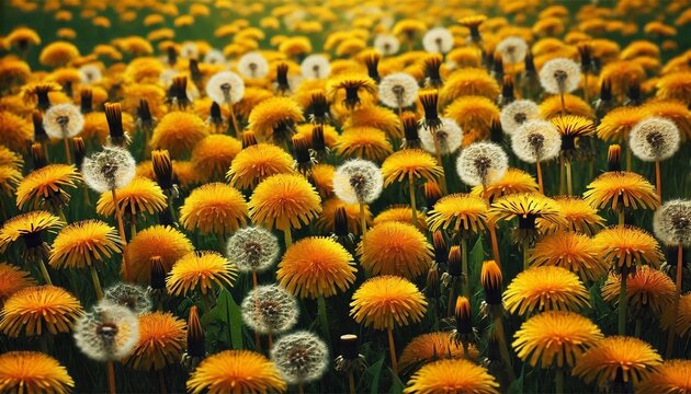 Vibrant Yellow Dandelions and Fluffy Pusteblumen in a Spring Meadow