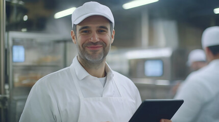 Smiling Food Industry Worker Using Tablet in Clean Production Facility