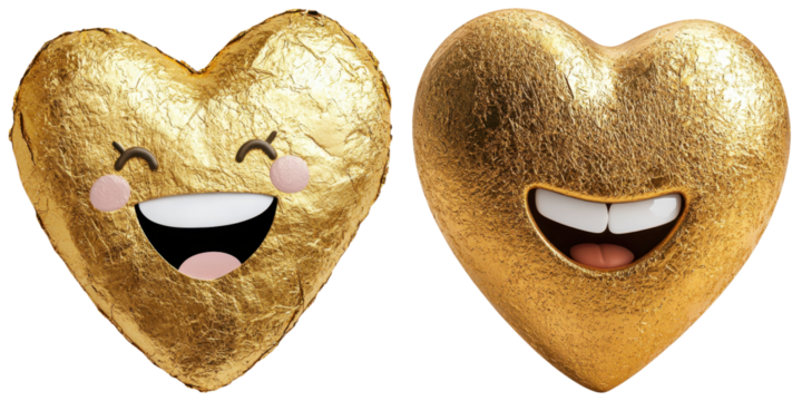 Two golden hearts with smiling faces, radiating joy and positivity.